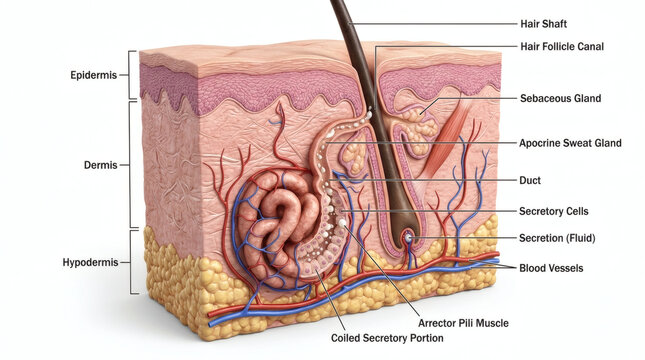 Anatomical cross section of human skin layers showing sweat gland and hair follicle structure