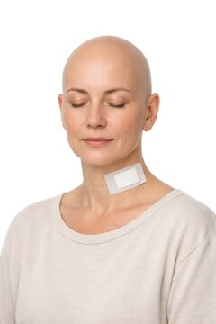 Serene bald woman with bandage.
