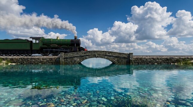 Vintage steam train crossing stone bridge on sunny day