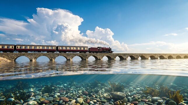 Steam train crossing stone bridge with underwater view