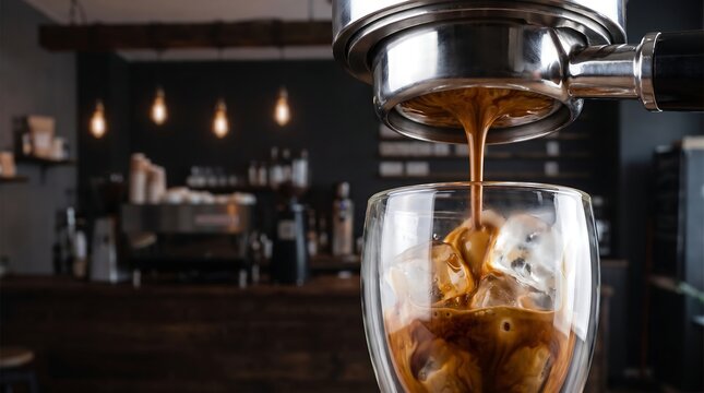 Espresso coffee extracting into glass with ice in cafe
