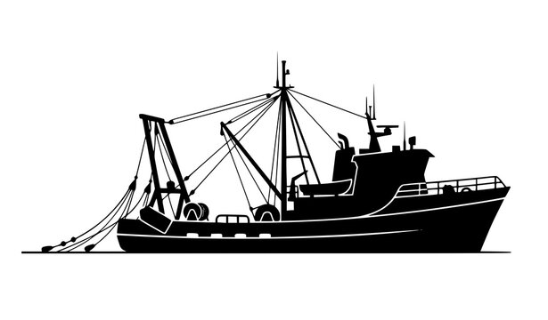 Commercial Fishing Trawler Boat Black Silhouette Vector Illustration