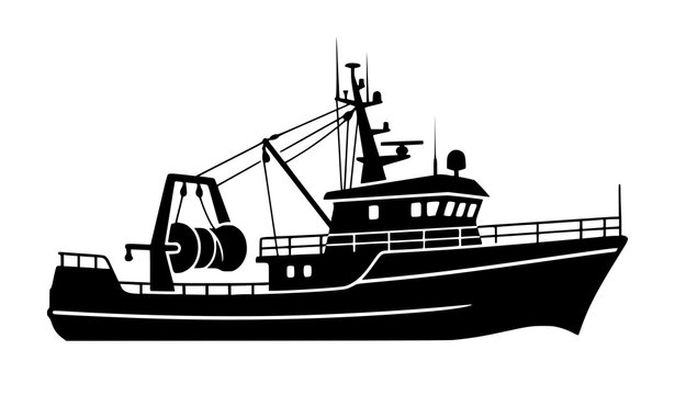 Minimalist Ocean Fishing Trawler Boat Flat Black Vector Silhouette