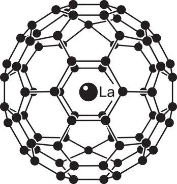 Lanthanum endohedral fullerene molecular structure with a lanthanum atom trapped inside displayed as a black and white technical vector.