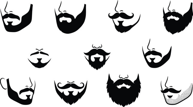 Assorted collection of black silhouette featuring various beard and mustache styles for men, including goatees, stubble, and full beards, isolated on a white background