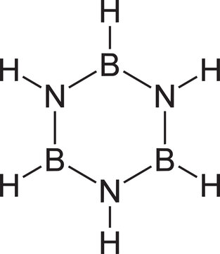Borazine chemical structure diagram illustrating the inorganic cyclic compound with alternating boron and nitrogen atoms.