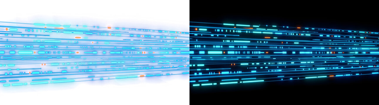 Parallel glowing binary code lines with cyan and orange data segments streaming across the frame with PNG Transparent and Black Background Versions