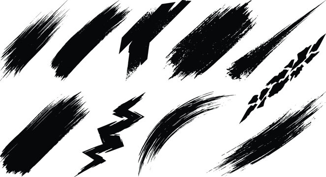 Set of black paint brush strokes featuring diagonal lines, jagged shapes, and distressed textures isolated on a white background, for creative projects