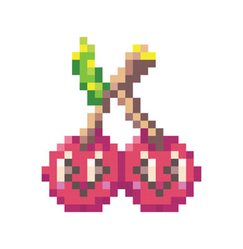 Cute kawaii red cherries characters in 8 bit pixel art style