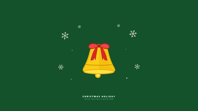 Modern Christmas icon animation featuring golden holiday jingle bells with red ribbon bow and falling geometric snowflakes on a clean solid green background.