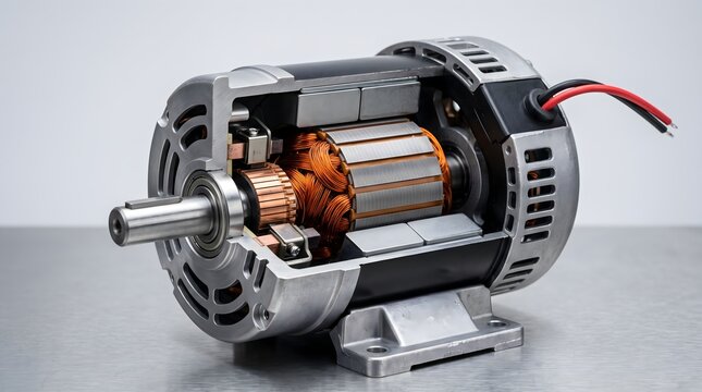 Electric motor cutaway showing internal copper coils and rotor