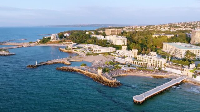 Saints Constantine And Helena Bay Aerial Drone View Pier Breakwater Sandy Beach Luxury Hotels Black Sea Varna Bulgaria
