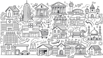Obraz premium City infrastructure and buildings doodle collection with urban lifestyle elements doodle architecture city life town planning real estate sketched houses cityscape elements city map