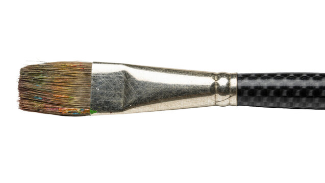 Flat artist paintbrush with colorful bristles and carbon fiber handle, isolated on transparent background