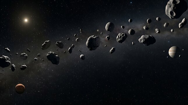 An artist interpretation of the astroid belt showing rocky celestial bodies drifting through the vastness of deep space
