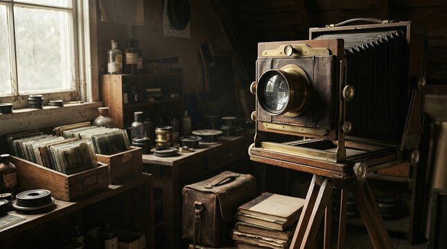 Antique large format wooden bellows camera on a tripod in a rustic vintage darkroom studio filled with historical glass plate negatives, chemical bottles, and classic photographic equipment