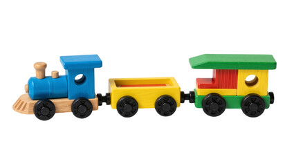 Colorful wooden toy train with blue engine and yellow cargo car, isolated on transparent background © pnghub