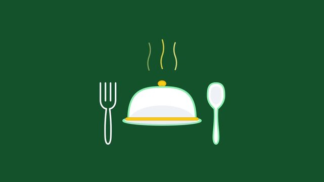Modern lunch food icon animation showing a gourmet covered serving dish with fork and spoon cutlery and rising aroma steam on a clean solid green background.