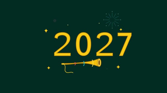 Modern New Year 2027 night icon animation featuring golden 2027 numerals, an elegant party horn with confetti, and magnificent colorful fireworks on a clean solid green background.
