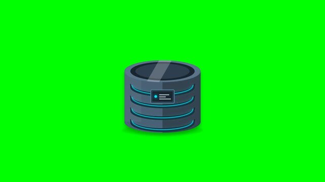 Modern 2.5D database icon showing data storage, processing, digital management, and technology infrastructure with precise geometry and seamless motion on clean green screen.