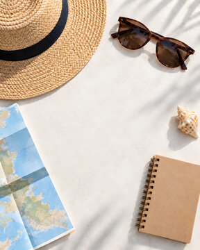 Summer travel flat lay with straw hat, sunglasses and blank copy space