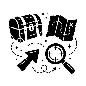 Treasure Chest, Map, Magnifying Glass, Arrow Icon - Adventure and Discovery
