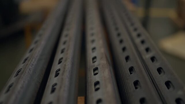 Metal beams line up in workshop setting. Rust and wear mark industrial equipment. Shallow focus draws attention to structural details