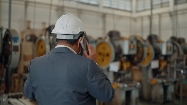 Man in hard hat talks on phone inside factory. He walks past heavy machinery, focused on call. Factory floor has many large machines, metal surfaces