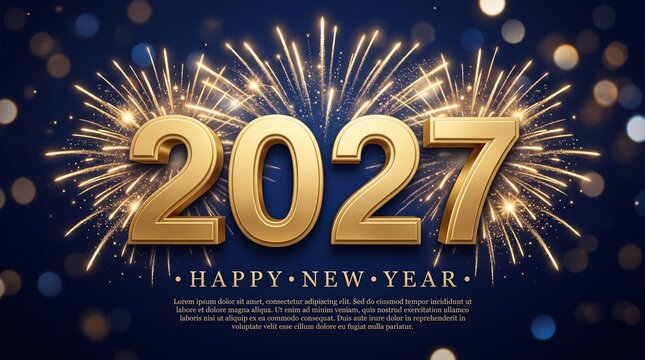 2027 Happy New Year Gold Typography Celebration Background with Fireworks and Bokeh Lights