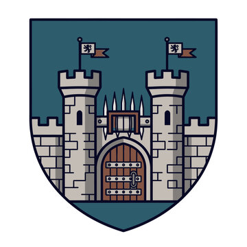 Medieval Castle Emblem with Towers, Flags, and Gate - Vector Illustration
