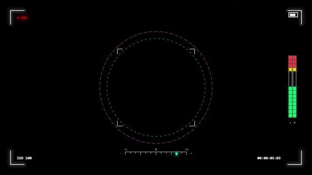 Digital camera viewfinder overlay with circular focus frame and audio levels