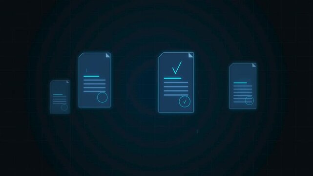 Digital document icons with checkmarks floating in a dark blue interface