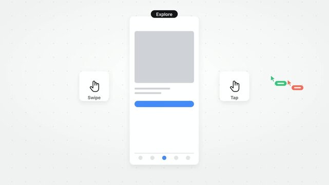 Mobile UI UX Tab Navigation Flow, Interactive Wireframe Prototype, Horizontal Menu Tab Transition, Clean Vector Interface Animation, Explore Profile Screen Design, Digital Mockup