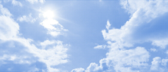 Obraz premium Dotted blue background with white cumulus formations pop art style vector illustration background. Vintage halftone pattern creates retro comic aesthetic perfect for summer poster and graphic project.