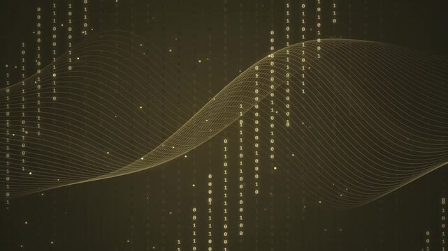 Abstract digital data stream with golden flowing lines and binary code
