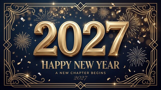 2027 Happy New Year Gold Typography with Fireworks and Vintage Art Deco Frame Design