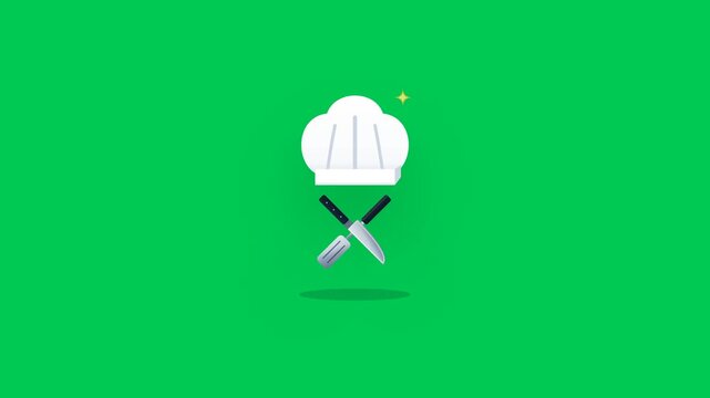 Premium 2D loop of a modern cook icon with a chef hat and crossed tools. Precise geometry on a clean green screen background, ideal for food tech and culinary video presentations.