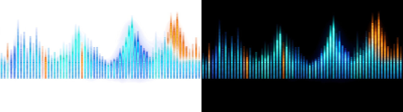 Colorful audio equalizer bars displaying blue orange and teal sound wave frequencies with PNG Transparent and Black Background Versions
