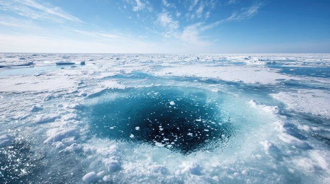 Deep blue circular hole in frozen sea ice surface