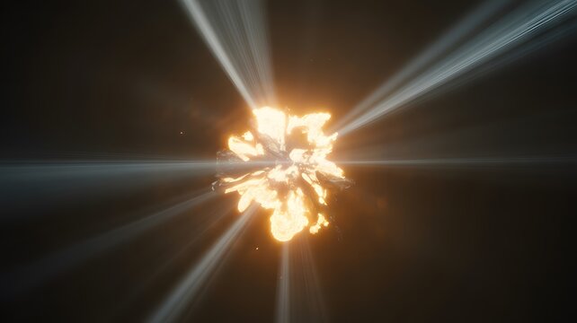 Radiant golden explosion erupts with intense white light rays piercing through the dark atmospheric deep space