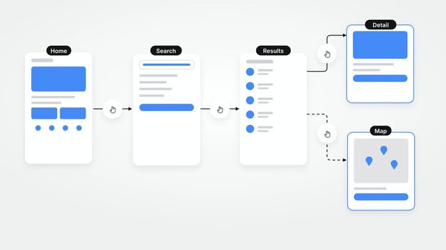 UI UX Flow Prototype, Mobile App Wireframe Transition, Home to Detail Screen Flow, Clean Vector Interface Design, Blue Coral Green Color Accents, Horizontal Motion Graphics Animation