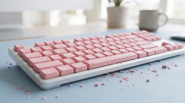 A modern computer keyboard where every key is made of soft pink pencil eraser rubber representing the forgiving correction of digital communication errors.