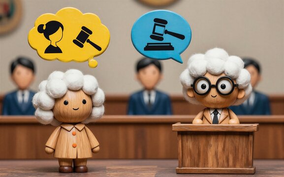 Courtroom scene with playful figures, legal symbols, and a judge's gavel.