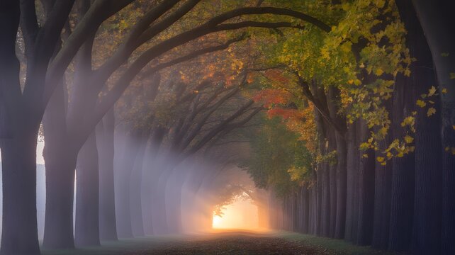 Tall majestic oak trees lining a misty forest pathway during the vibrant golden autumn sunset hour