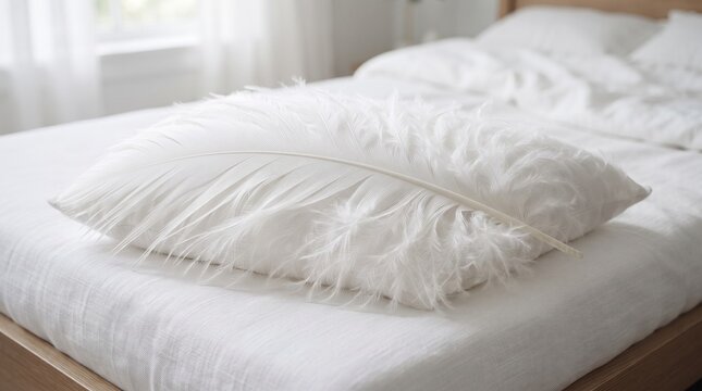 A large comfortable bed pillow shaped perfectly from one single gigantic white swan feather representing the incredibly soft weightless peace of deep sleep.