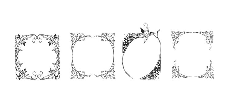 Elegant Floral Frame Set with Botanical Vines and Decorative Corners, Romantic Wedding Borders, Hand Drawn Vintage Black Line Art Vector Collection
