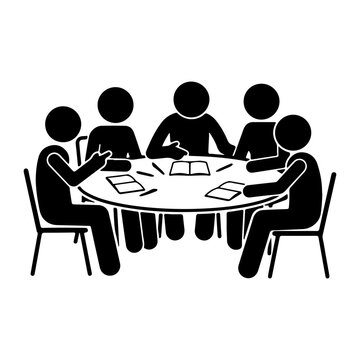 Icon of a group of people sitting around a round table in a meeting or discussion with discussion