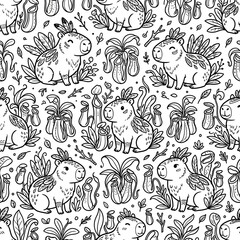 Fototapeta premium Cute Capybara Seamless Pattern with Tropical Plants, Kawaii Line Art