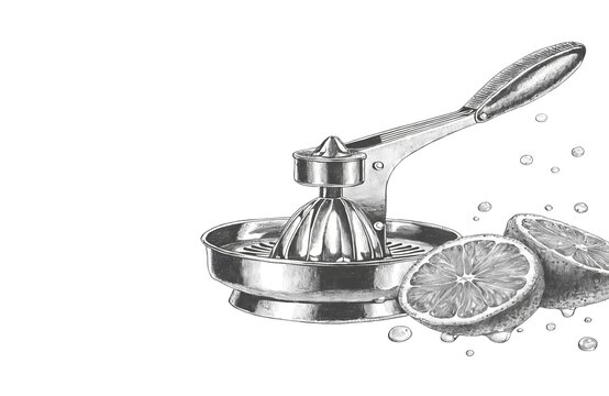 Metal citrus juicer squeezing lemon with fresh juice droplets