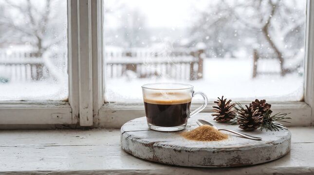 Clear cup of hot espresso coffee on wooden board near windowsill with snowy winter view